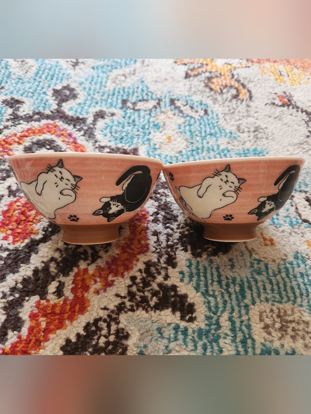 Set of 2 Porcelain Neko Cat Rice Bowls Made in Japan